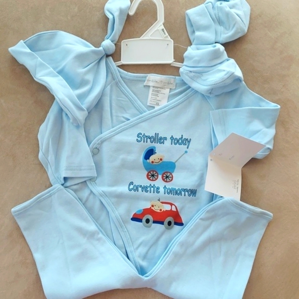 Rumble Tumble 3 pc set - bodysuit cap mittens - blue stroller corvette - 3-6 mos